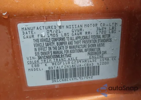 2021 Nissan Versa Sv Xtronic Cvt from USA, damaged, VIN 3N1CN8EVXML917542